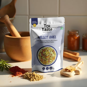 Front view of Roasted Millet Bhel snack pack